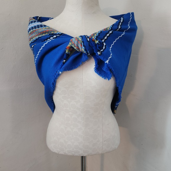 Accessories - Vintage Royal Blue Embroidered Geometric Square Shawl Scarf w/ Frayed Trim 38x38